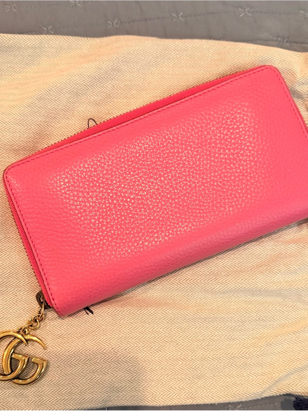 Gucci Hot Pink Pebbled Leather Zip Wallet with Gold Double-G Charm